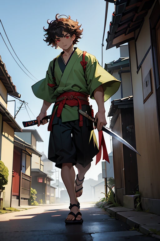 A boy with curly hair, and one red eye and the other green which carries a Japanese katana at the level of its mouth which is on the edge of a building