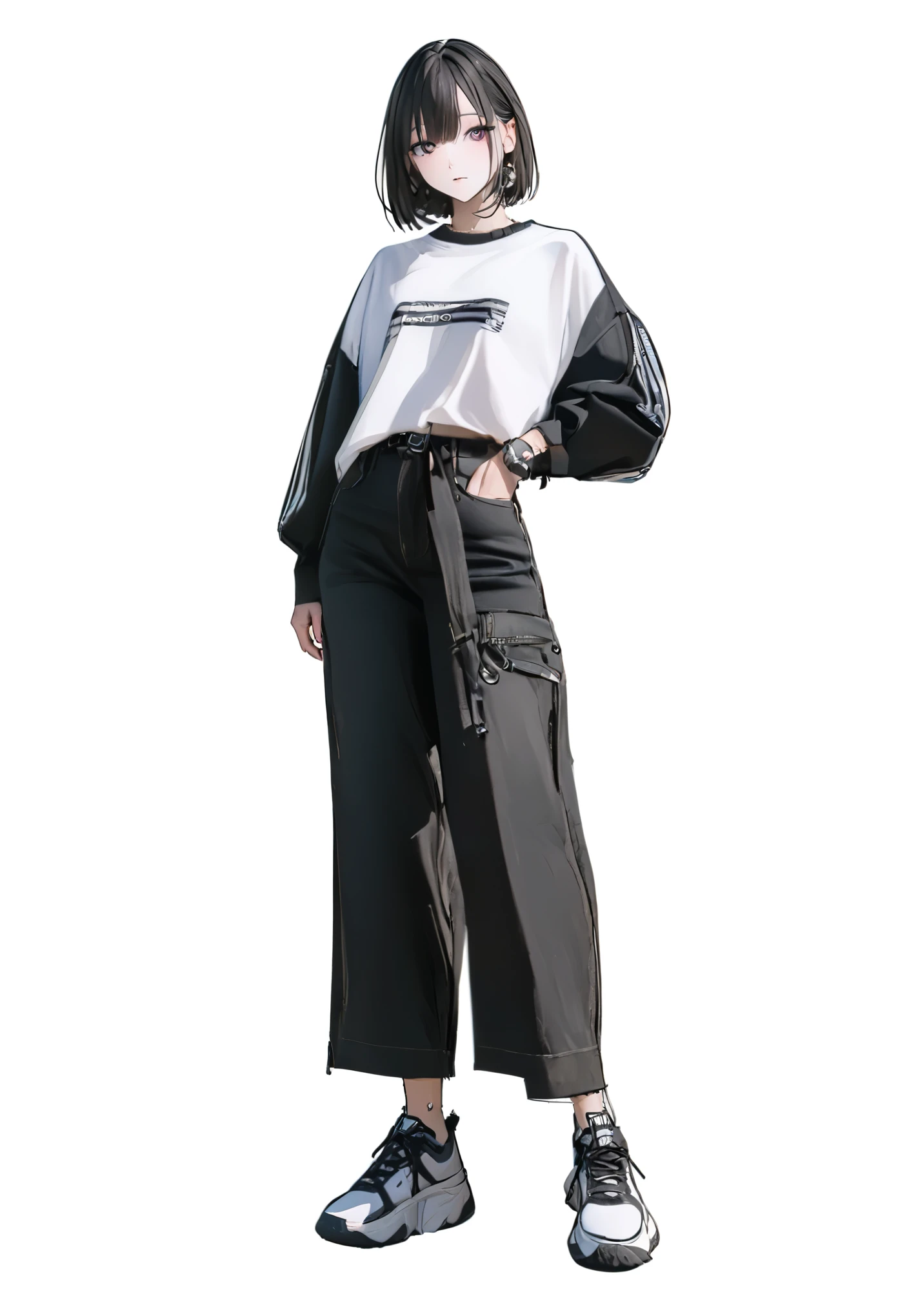 (Best, highest quality: 1.2, 8K), center, full body, 20s, 1 adult female, street style shirt, black wide pants, simple sneakers, simple background, white background, eyes wide, delicate eyes, beautiful eye,