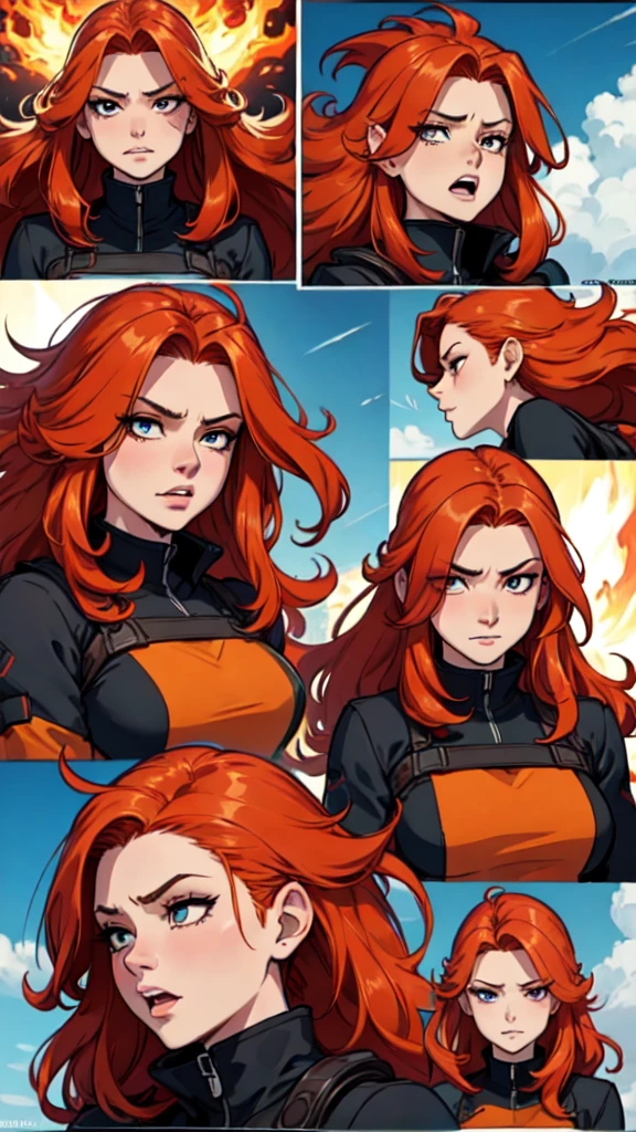 a close up of a person with red hair and many different expressions, long ginger hair windy, windy hair, expressions, detailed facial expression, detailed facial expressions, wind blowing hair, facial expressions, strong facial expression, hair flowing, she has long redorange hair, marvelous expression, fire hair, character headshot concept art, wind blowing and hair flowing, dramatic facial expression