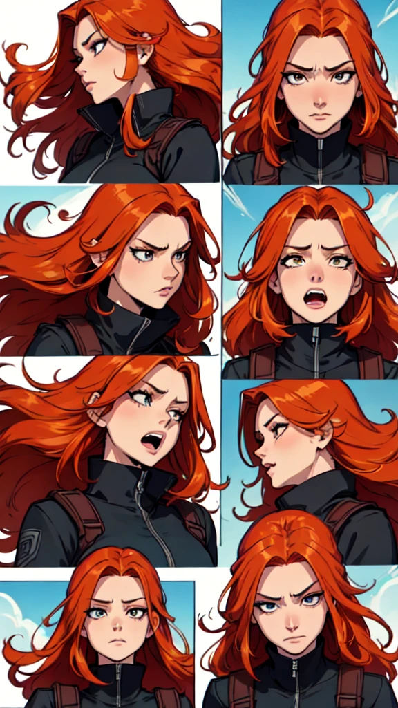 a close up of a person with red hair and many different expressions, long ginger hair windy, windy hair, expressions, detailed facial expression, detailed facial expressions, wind blowing hair, facial expressions, strong facial expression, hair flowing, she has long redorange hair, marvelous expression, fire hair, character headshot concept art, wind blowing and hair flowing, dramatic facial expression