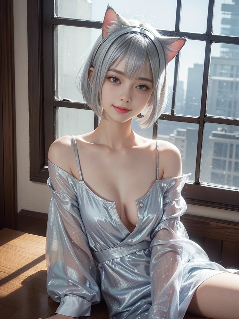 Lean on window, smile, Silver hair, bob hair, hair bang, cat ears headband, shining hair, skin pores, shining skin, sexy shirt, in room,  lovely, beautiful