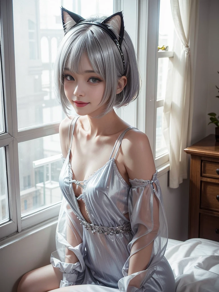 Lean on window, smile, Silver hair, bob hair, hair bang, cat ears headband, shining hair, skin pores, shining skin, sexy shirt, in room, lovely, beautiful
