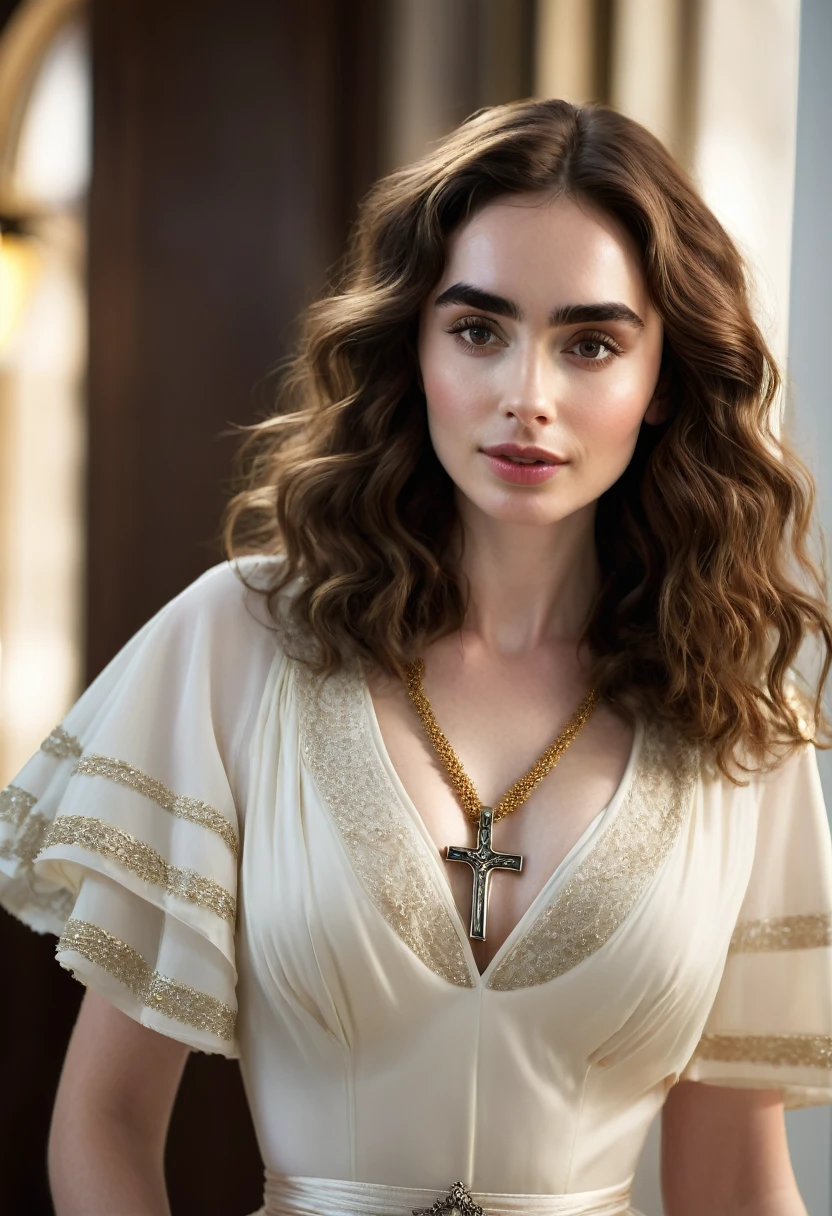 A beautful orthodox jewish women with a thick bushy unibrow and a large bulbous nose. Thick, intense, curly, frizzy, long brown hair. Hair that clogs a drain after one shower. Merge of Lily Collins and Lily James Hair you find on pillows and in corners of the room and in your refrigerator six months after the head from which it grew last visited. Hair that could not be straightened even if you had four hours and three hairdressers double-fisting blow driers. Hair that screams: Jew. Traditional jewish dress, luxurious long dress、hat. curvy hourglass figure. Ultra HD, the symmetrical face, photorealistic photography, path tracing, specular lighting, and volumetric face light enhance the details. Epic lighting, striking silhouette. crucifix necklace. The symmetrical face, photorealistic photography, path tracing, specular lighting, and volumetric face light enhance the details. The scene is captured in maximum quality, masterpiece, 8K high resolution, and top quality.
