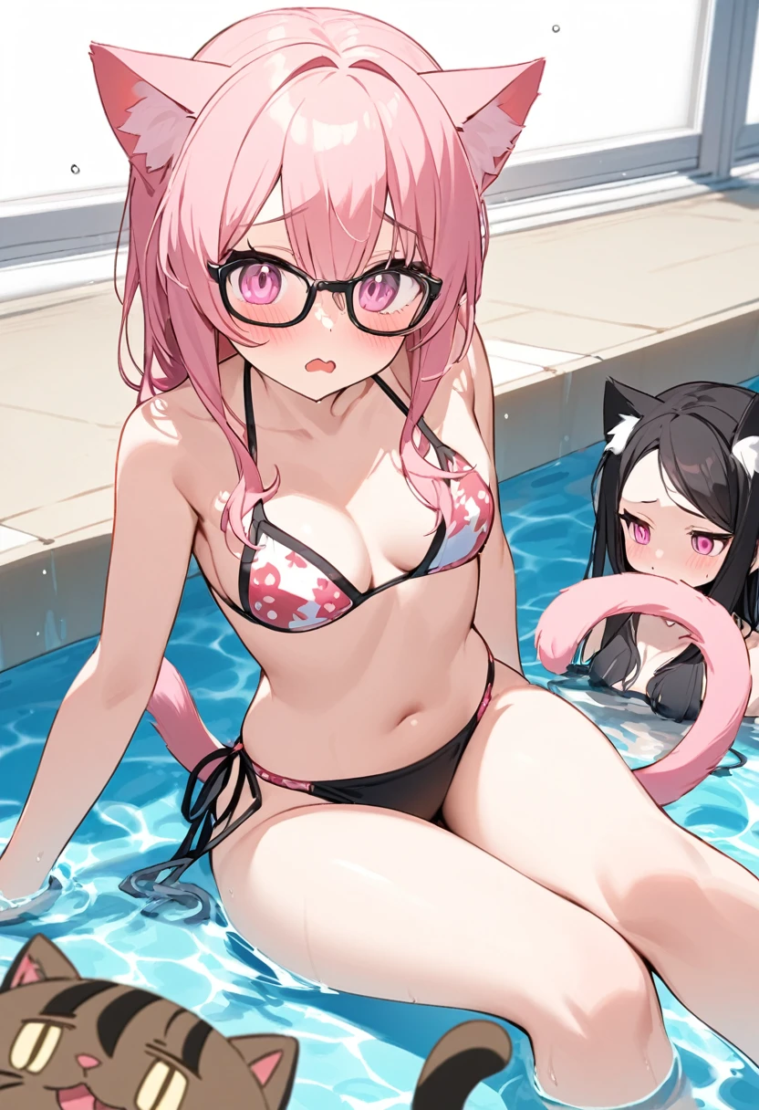 I have white pink hair, cat ears, A good, my face is super red, black glasses, pink heart eyes, a bikini a cat tail, a woman. very shy sitting in a pool her feet are inside