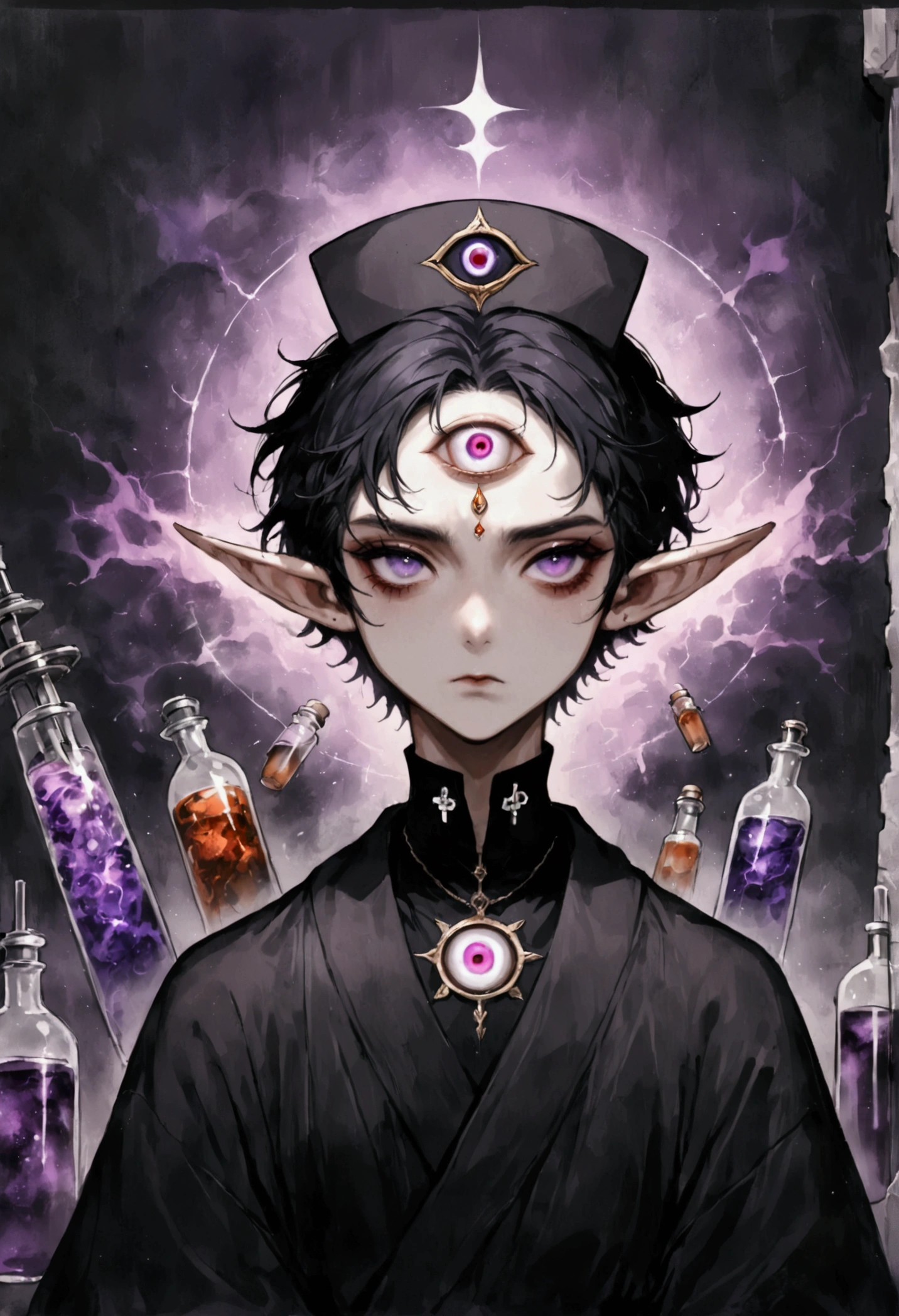 (((Lord Nether，short hair，独奏，third eye on the forehead，Purple pupils，Dark eyeshadow，Elf ears))),(((robe：1.6，Eye Diagram，Dark Pattern))).(((Nurse hat，Infusion bottles，medical instruments，rescue，first aid)))，whole body，Death Stare Background。body movements
