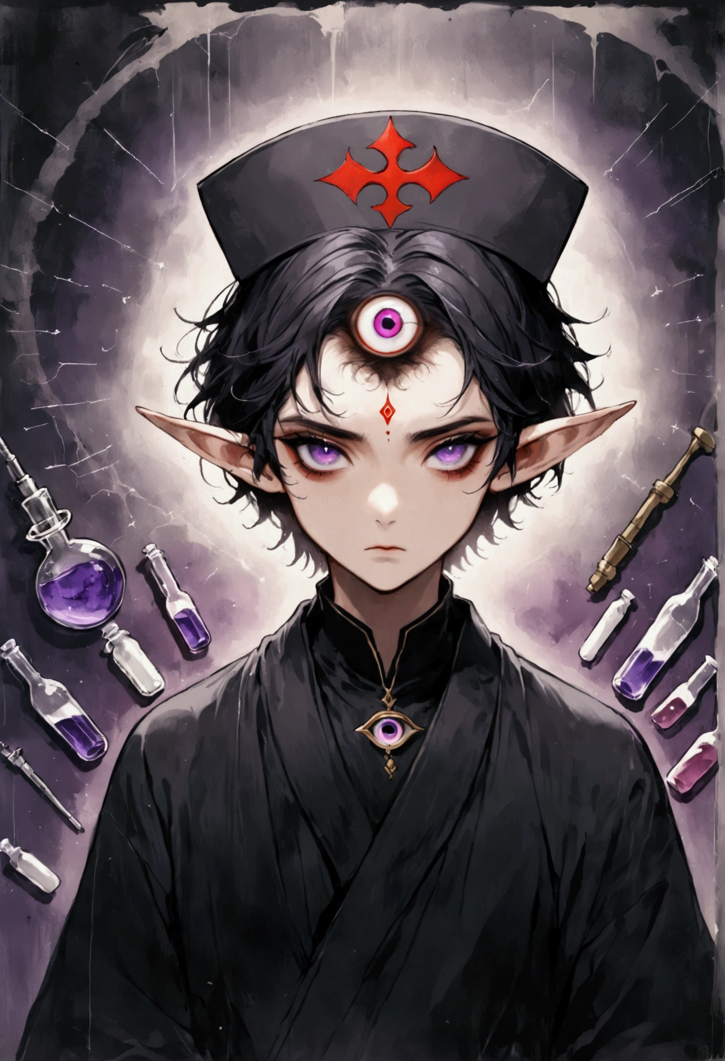 (((Lord Nether，short hair，独奏，third eye on the forehead，Purple pupils，Dark eyeshadow，Elf ears))),(((robe：1.6，Eye Diagram，Dark Pattern))).(((Nurse hat，Infusion bottles，medical instruments，rescue，first aid)))，whole body，Death Stare Background。body movements