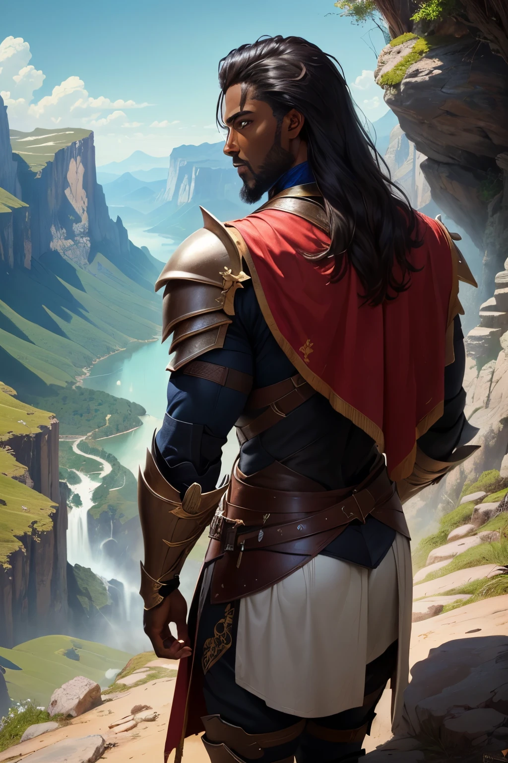 ((best quality)), ((masterpiece)), (detailed), Prize-winning works, with incredible details, maximum textures and details, uhd ,8k,super resolution ,depth of field, retina, masterpiece, 1 dark-skinned MALE RANGER on top of a mountain admiring and looking down at the valley below ,he is 55 years old, (((he has dark skin))). Brown leather back armor that blends in with the underside and cape to become invisible, he wears leather armor ,messy hair ,he has dark skin ,big messy beard, he wears a cape,shoulder length hair ,sunny day ,detailed shadows 