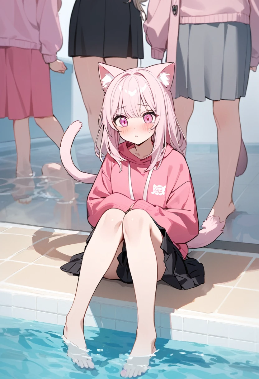 The twin sisters have white pink hair, cat ears, A good, my face is super red, black glasses, pink eyes a big pink sweatshirt, a black skirt a cat tail, a woman. very shy sitting in a pool her feet are inside