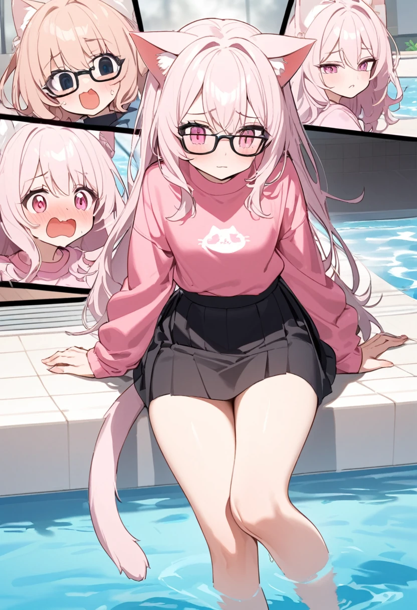 The twin sisters have white pink hair, cat ears, A good, my face is super red, black glasses, pink eyes a big pink sweatshirt, a black skirt a cat tail, a woman. very shy sitting in a pool her feet are inside
