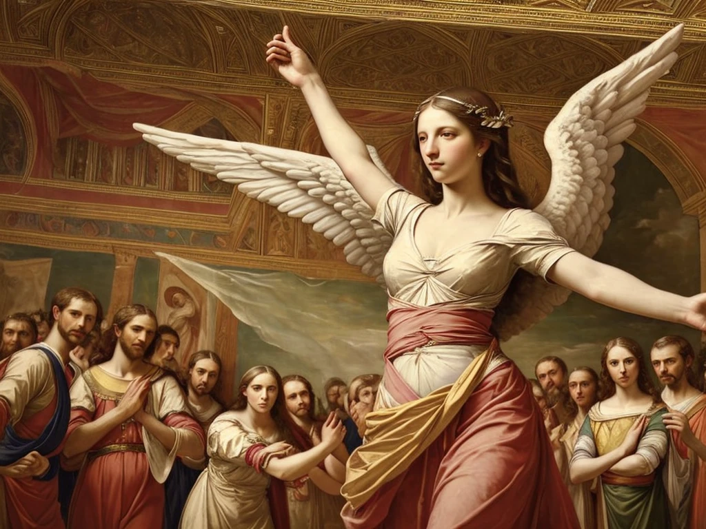 (Masterpiece:1.2), (Best Quality,:1.2), 8k, HDR, ultra detailed, ((photorealistic)), professional light, cinematic lighting, fashion photography, Ambient lighting, facial lighting, fantasy image, General detail, old renaissance painting of an angel with wings and arms outstretched