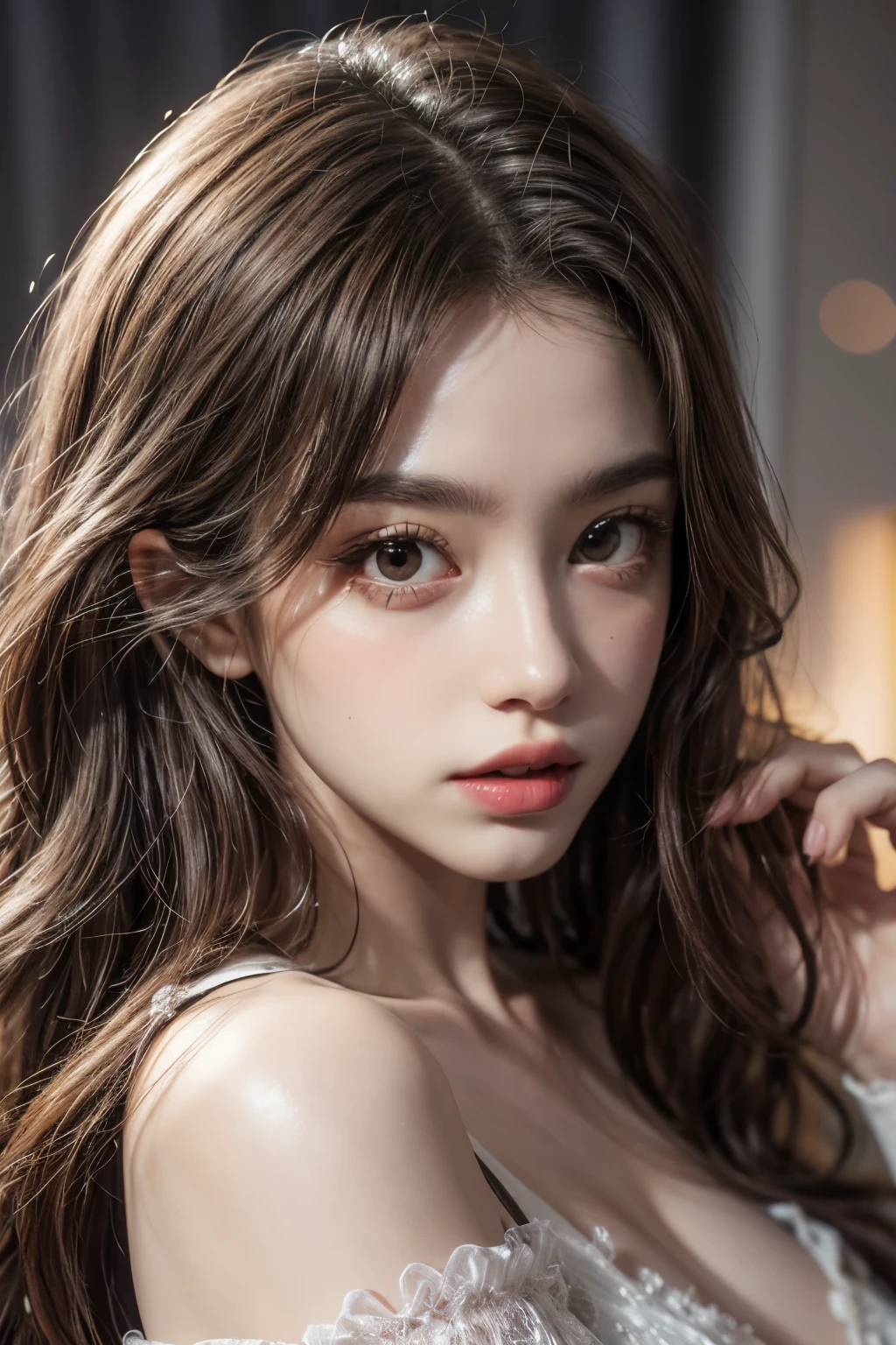 In detail, High resolution, In 8K、Brown Hair,Photorealism, Tabletop, Wavy Hair, Open your mouth, Very detailed, Off the shoulder,1 girl