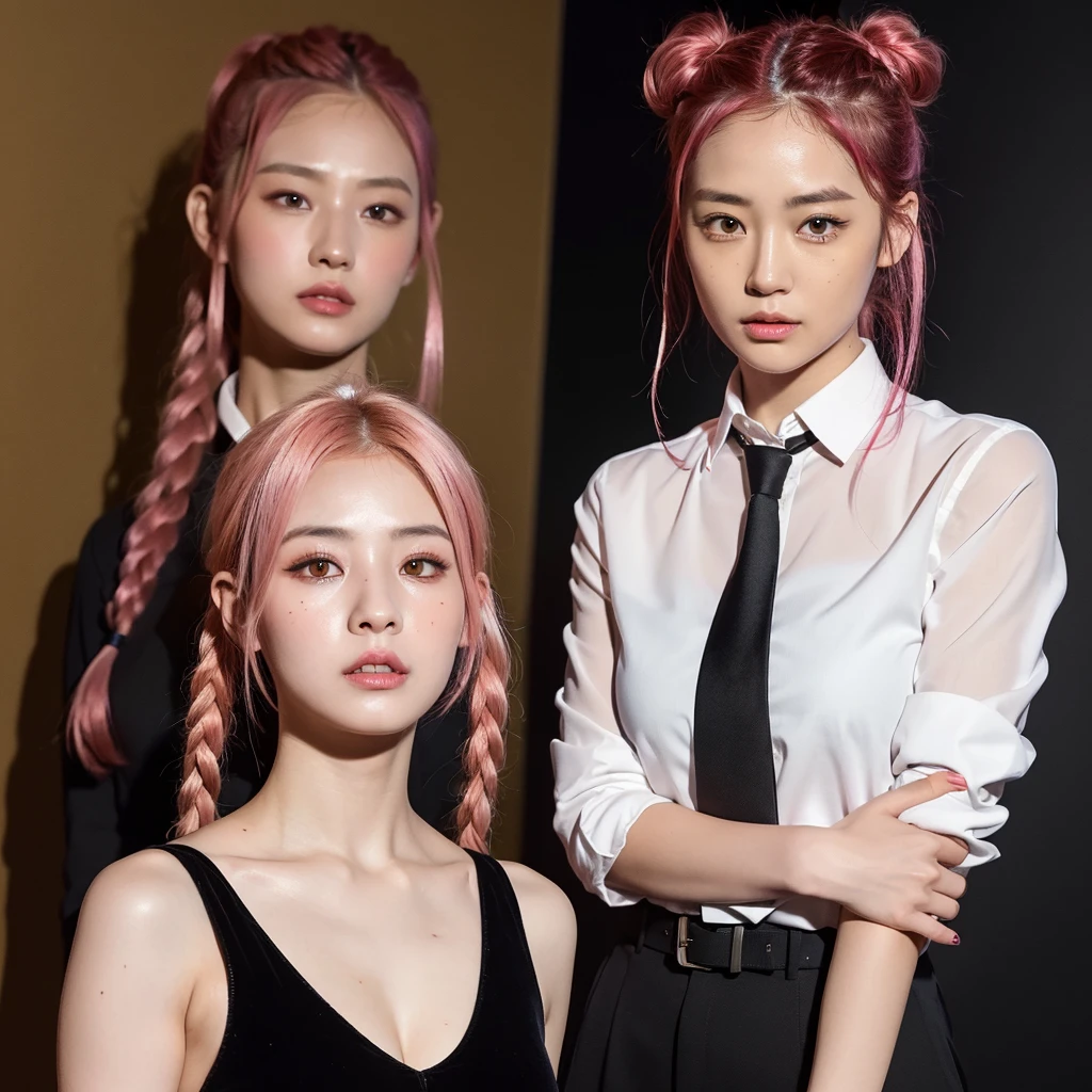 (Best quality, 8k, 32k, Masterpiece, UHD:1.2),Photo of Pretty Japanese woman, 1girl, (vivid pink red hair)+(long single braided ponytail), yellow eyes, golden eyes, ((ringed eyes)), ((white) shirt), (thin (black) necktie), beautiful lighting, black wall,