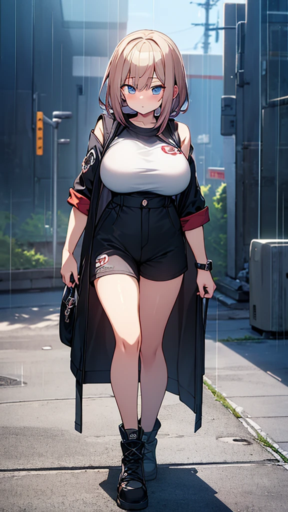 Full body image, front, One girl, 18-year-old, Mix 4, (32K, RAW Photos, Highest quality, masterpiece:1.2), (Anime-like, photoAnime-like:1.37), cute, Short sleeve T-shirt,Shorts,Black knee socks, night, rain, Humidity, Professional Lighting, Photon Mapping, Radio City, Physically Based Rendering, Super Resolution, (Big Breasts:1.2), {{The biological weapon that had preyed on the younger sister took her place and reunited with the older brother, The rebellious little sister has become the obedient little sister}}, Girl Skull, whole body, NSFW