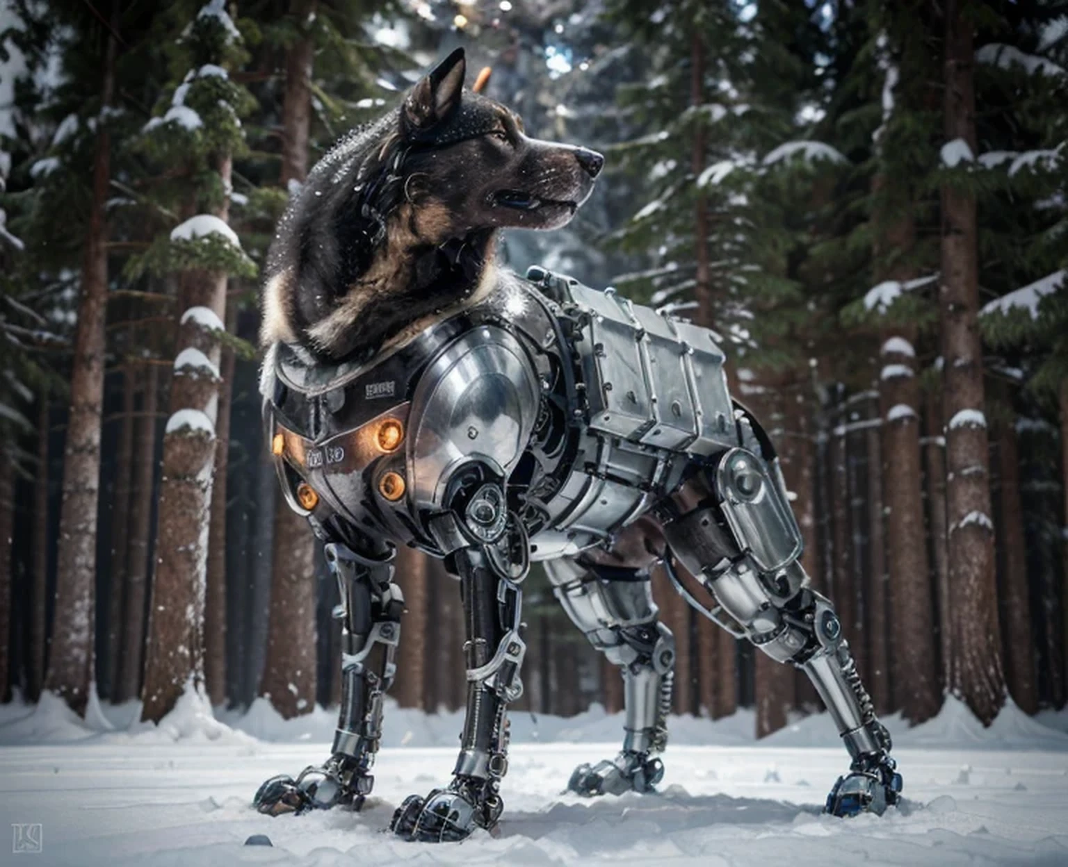 Siberian cyborg dog Dieselpunk style robotic, Detailed realistic dog skin, Half of the dog's parts are metal robotics, Pipes and cables, it is in a wild snowy winter forest, realistic, 4k, Ultra detailed image, realistic, Highly detailed, perfect composition , gorgeous, Intricately detailed, incredibly detailed, Art photography 8K, hyper detailed, Masterpiece