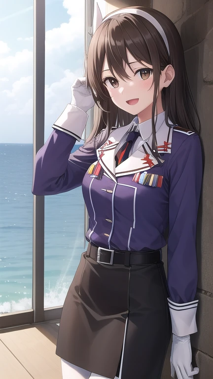 ((masterpiece)),(best quality),official art,extremely detailed CG,unity 8k wallpaper,ultra detailed,A lighthouse on a cliff by the sea,1girl,solo,cowboy shot,long_hair,brown_hair,purple_jacket,pencil_skirt,black_skirt,white_pantyhose,white_gloves,wavy_hair,brown_eyes,white_hairband,long_sleeves,smile,belt,looking_at_viewer,military_uniform,open_mouth,