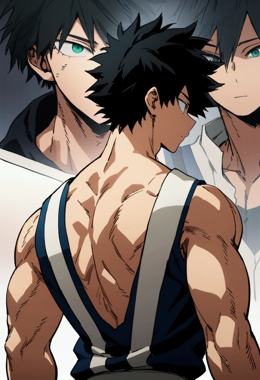 Caracter sheet, he is a 17 year old teenager, He has slightly disheveled very black hair..., somewhat light green eyes, muscular body , He is dressed the anime uniform "my hero academia", Front view of the body and back view of the body, detailed face, face view, many parts, depth