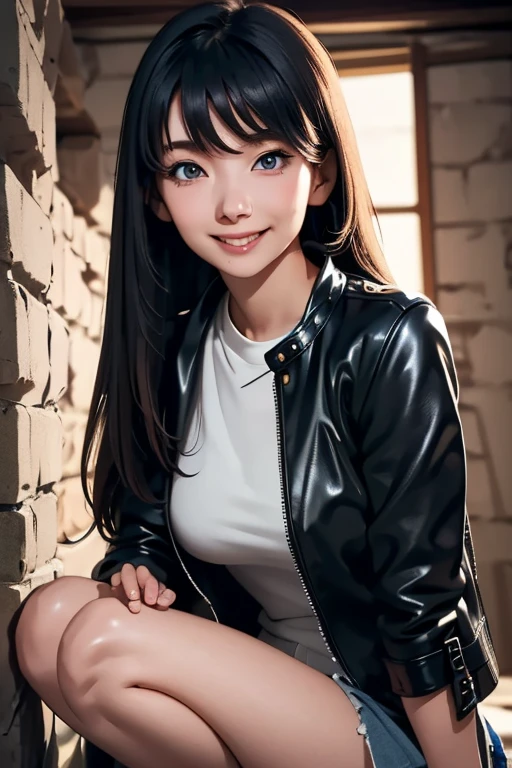 Highest quality　High resolution　Simple　Remainsの様なDungeons　RemainsDungeons　Long bangs　Adult female　Adventurer Girl　Loose expression　cute　smile　Leather jacket　Beautiful Eyes　One Woman　Long side hair　Very black hair　Shiny long hair　Straight hair　Ahoge　Wide sleeves　Long hem　cute目　Remains　Dungeons　Underground maze