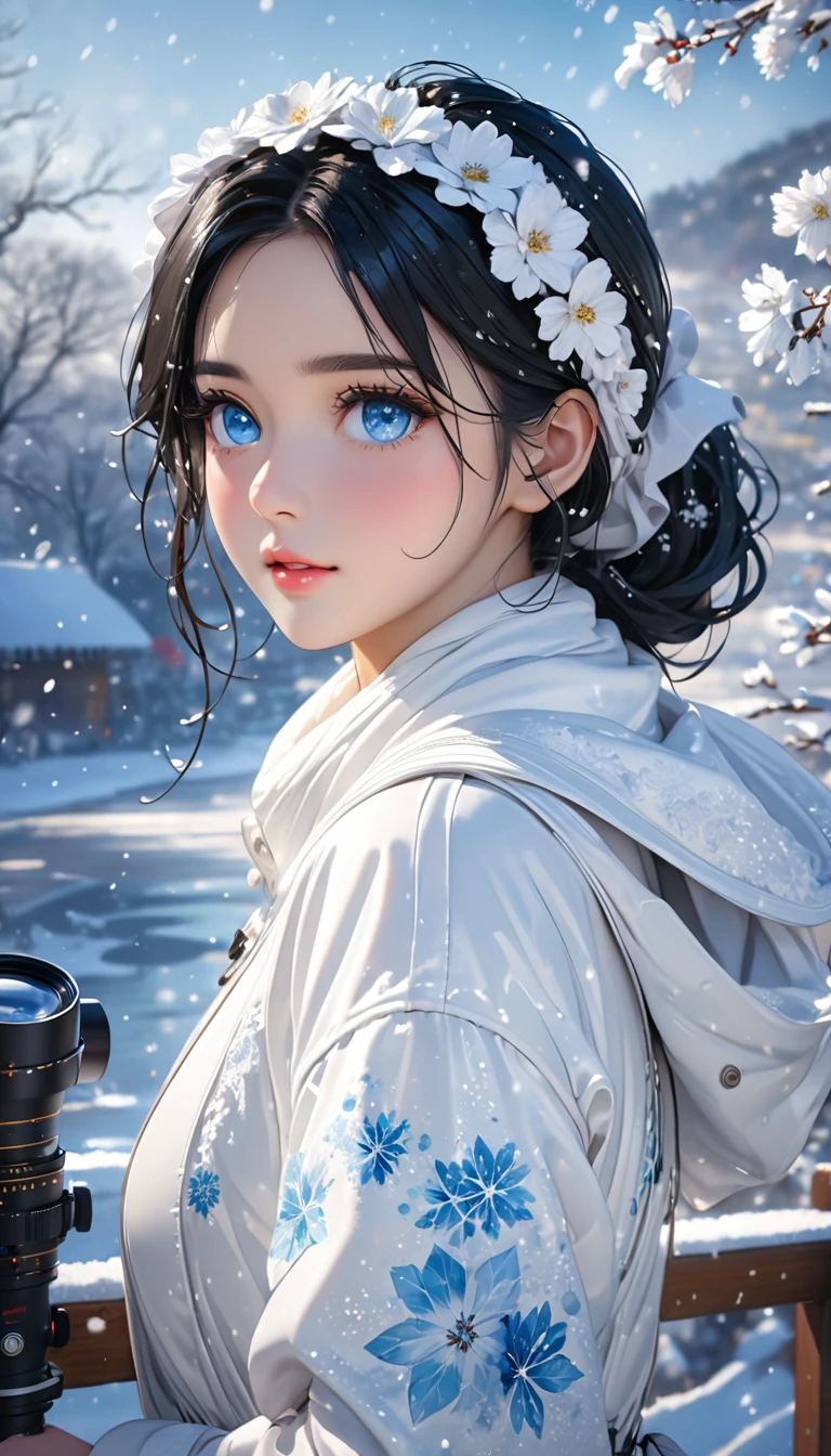 (((masterpiece))),Highest quality,figure,4K wallpaper,Cinema Lighting,Absurd,1 girl,(snow,ice),snow flower,In winter,Black Hair,Shiny Hair,blue eyes,detailed eyes,white clothes,Frills,race,Wet clothes,Leave_shoulder,hair band,masterpiece,telescope lens,Absurd,Beautiful Face,Features,Natural light,Soft Light,(Seven-part combination),amazing,Dreamy and magical,mystery,