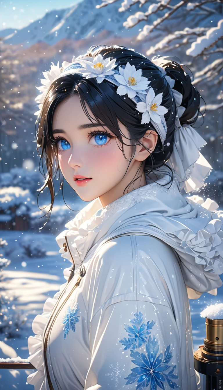 (((masterpiece))),Highest quality,figure,4K wallpaper,Cinema Lighting,Absurd,1 girl,(snow,ice),snow flower,In winter,Black Hair,Shiny Hair,blue eyes,detailed eyes,white clothes,Frills,race,Wet clothes,Leave_shoulder,hair band,masterpiece,telescope lens,Absurd,Beautiful Face,Features,Natural light,Soft Light,(Seven-part combination),amazing,Dreamy and magical,mystery,