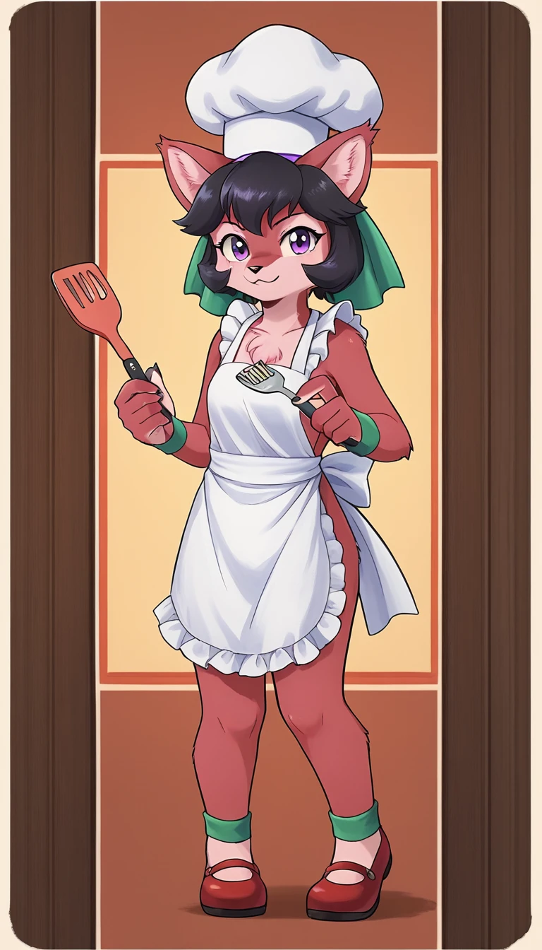 score_9, score_8_up, score_7_up, score_6_up, Detailed Background, BREAK furry female, cl4wdia, animal ears, red fur, black hair, purple eyes, ribbon, bow, BREAK kitchen, white apron, chef hat, spatula, cooking, food, no clothing, full body