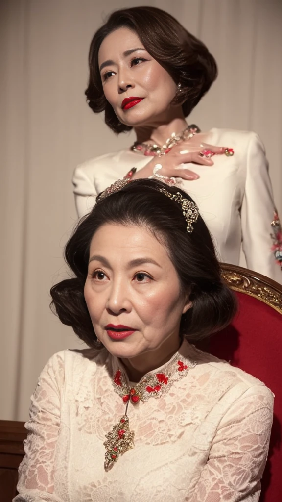 Mature Woman, 120 years old, Magazine Gravure, senior citizen, Draw lips correctly, Red lipstick, No discomfort, 16K, Highest quality, Very detailed, Realistic, Very detailed肌, (Chinese), alone, Huge breasts, Mature Madam, Glamour, sexy, Chromo White Skin, Staring straight ahead,