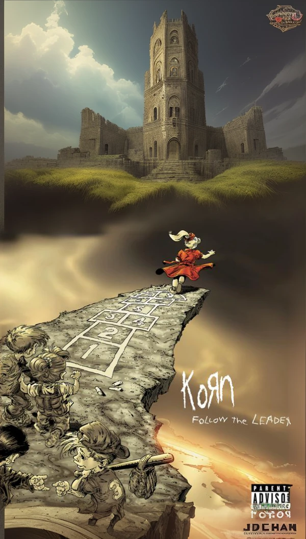 cartoon of a man on a ladder leading to a maze, offcial artwork, promo art, offcial art, album art, detailed cover art, por John Keane, cover photo, official fanart, Direction: Chris Rahn, por Gloria Stoll Karn, by Micha Klein, by John Moonan, robin, ruin, art admirer, main art, Justin Kohn