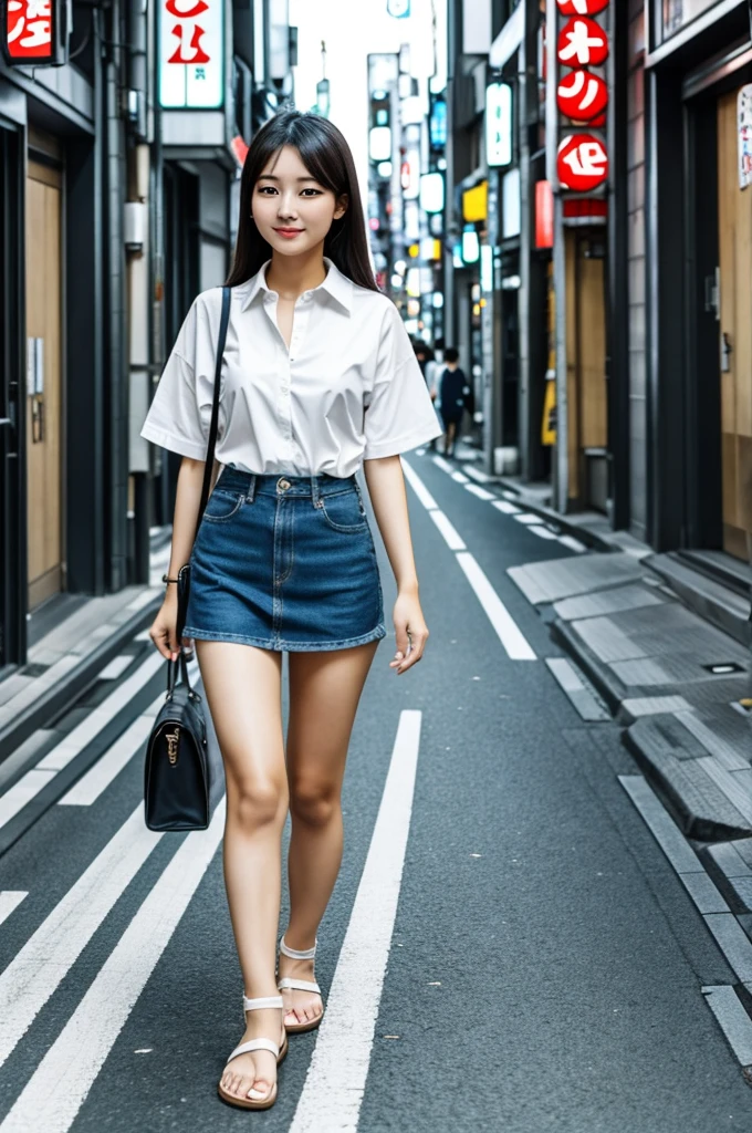 A beautiful Asian girl in a short clothes in the streets of Tokyo