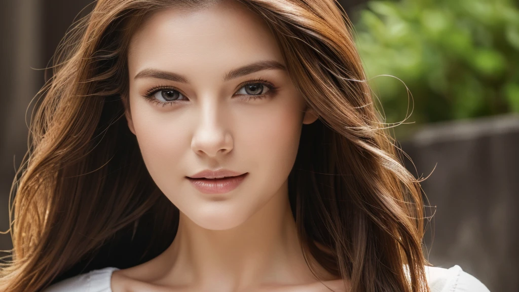 (best quality,High resolution,master piece:1.3),tall and beautiful woman,frontage,Long dark brown hair with loose waves,big breasts,V-neck white shirt,dark alley,Beautifully rendered facial and skin texture details,charming eyes,charming eyes,double eyelid