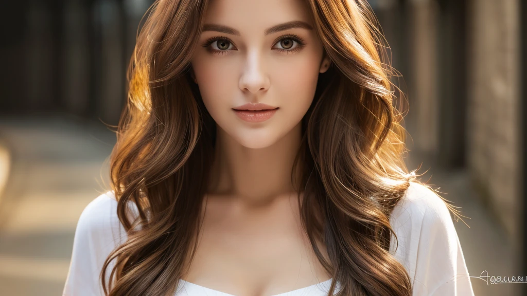 (best quality,High resolution,master piece:1.3),tall and beautiful woman,frontage,Long dark brown hair with loose waves,big breasts,V-neck white shirt,dark alley,Beautifully rendered facial and skin texture details,charming eyes,charming eyes,double eyelid