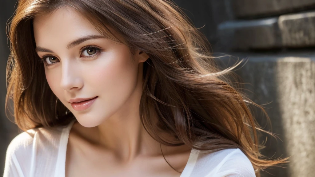（best quality，High resolution，master piece：1.3），tall and beautiful woman，frontage，Long dark brown hair with loose waves,big breasts，V-neck white shirt，dark alley，Beautifully rendered facial and skin texture details，charming eyes，charming eyes，double eyelid