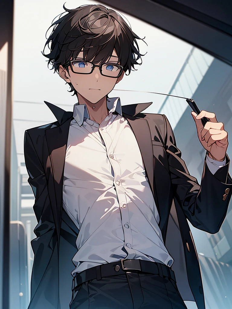 View from below, a young man with short, dark, nerdy hair, wearing a white shirt and jacket, against a dark background, negotiating, furrows on his brow, wearing glasses