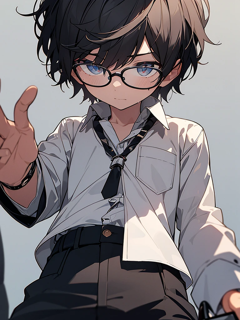 View from below, a young man with short, dark, nerdy hair, wearing a white shirt and jacket, against a dark background, negotiating, furrows on his brow, wearing glasses