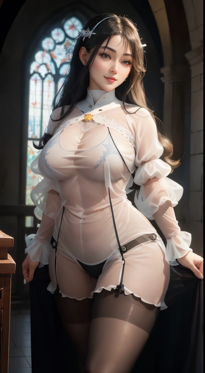 Highest quality、(Perfect Anatomy)、Realistic, Realistic, ( Intricate details, Written boundary depth)、Hyperrealism, 8k, Highest quality, Very detailedな, retina, Very detailed, Perfect Face, Perfect body, Huge breasts, narrow, Very big ass, Glamour,Straight hair、Beautiful woman,Black-haired、Japanese Goddess、 Perfect appearance, smile, Lolita, Oily skin、Glowing Skin、Natural soft light, Anatomically correct（(Full Body including thighs)),((software:1.5)), 45 years old, Voluptuous body,Nuns, (church), Place your hands in front of your body, Noble appearance, ((Monastic uniform))((White))((See-through:1.5)), ((Fishnet tights)), Accentuate the cleavage, gigantic breasts, sideboob, open clothes, parted lips, thighs, zettai ryouiki, cleavage, (cowgirl position), armpits, arms up, arms behind head, spread legs,