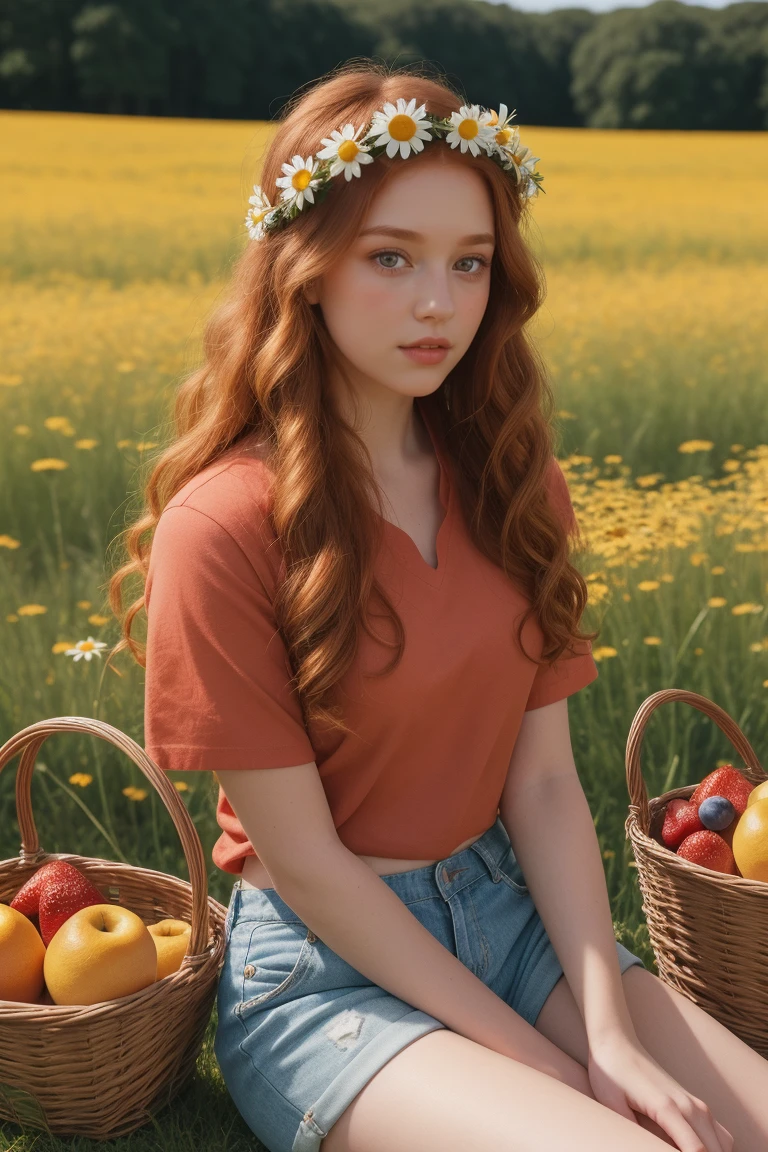 (girl:1.2),alone, (long ginger curly hair:1.1), brown eyes, Wearing a daisy wreath on your head, Sit in a daisy field, (fruit basket:1.1), blue shorts, red shirt,,raw,photographic,photo shadows,actual,Ridiculous,Aesthetic,elegant
