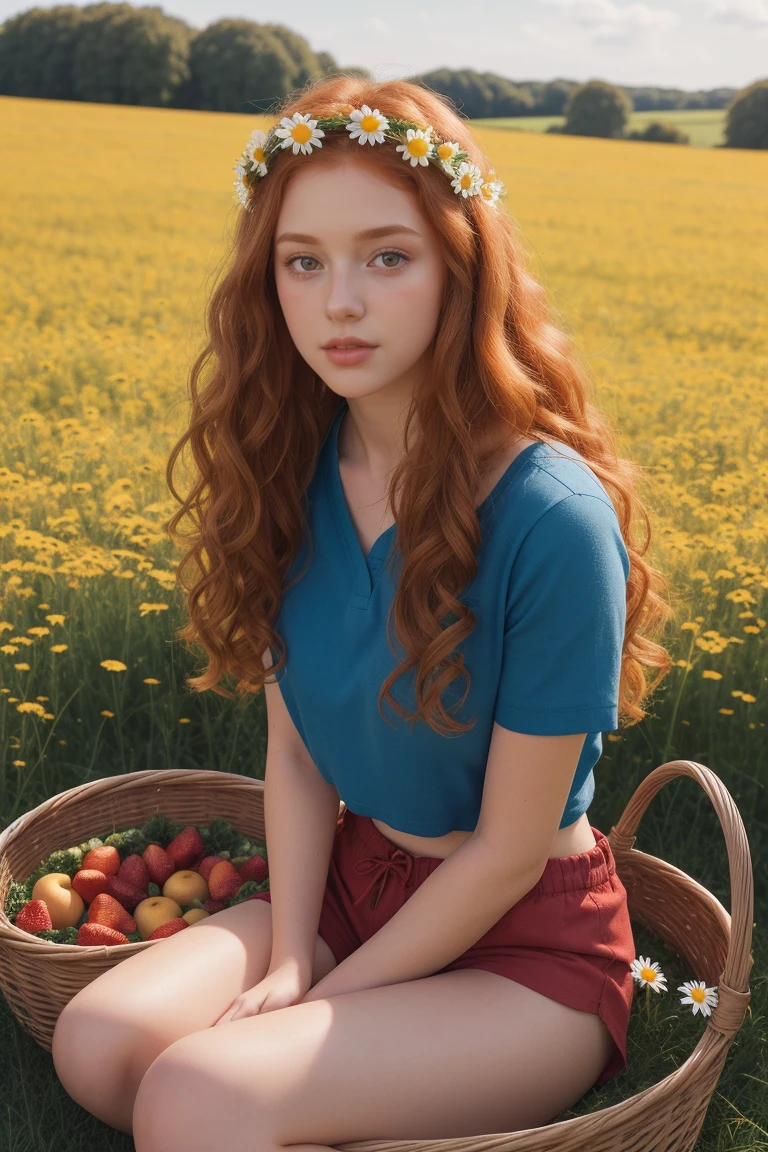 (girl:1.2),alone, (long ginger curly hair:1.1), brown eyes, Wearing a daisy wreath on your head, Sit in a daisy field, (fruit basket:1.1), blue shorts, red shirt,,raw,photographic,photo shadows,actual,Ridiculous,Aesthetic,elegant