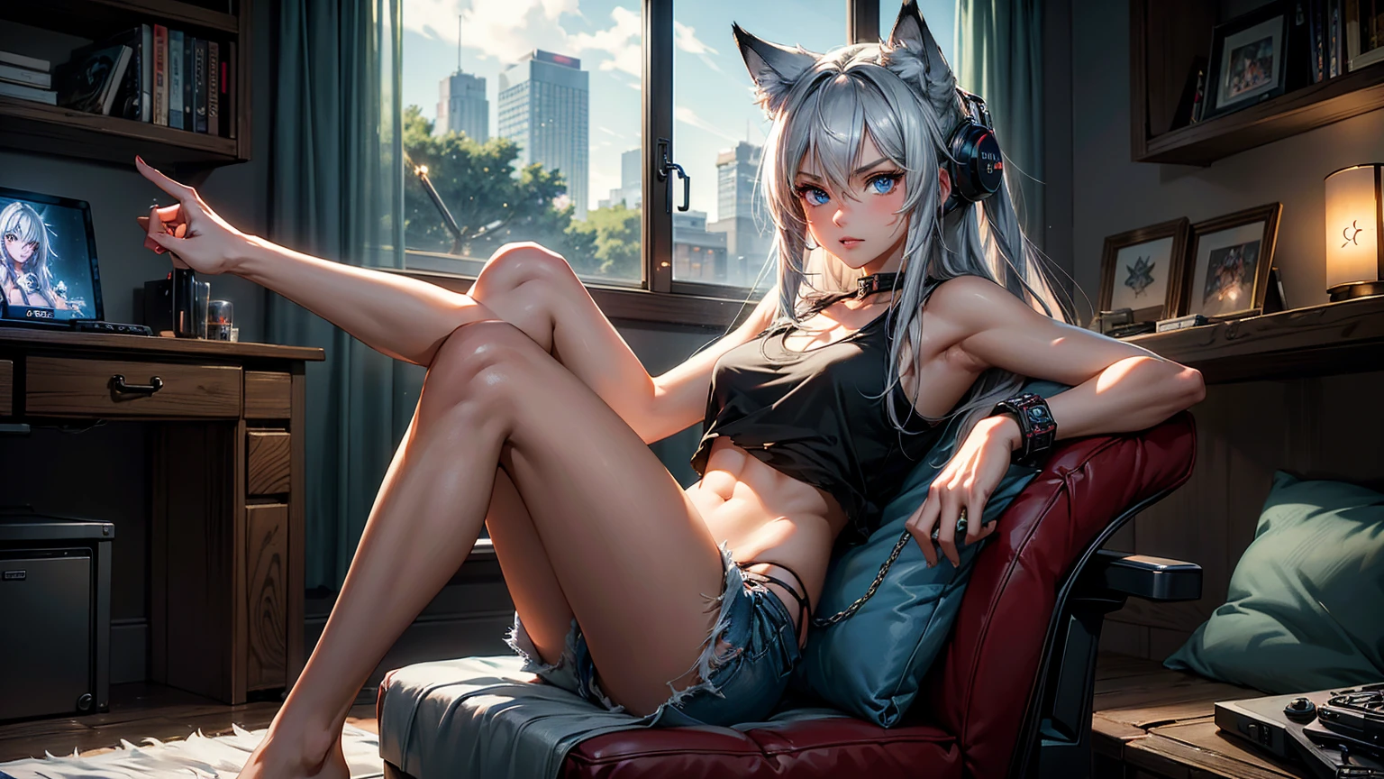 Create a top-quality image of an 18-year-old wolf girl. She has long silverish hair and blue eyes, wearing a torn tank top and jean shorts that look ripped apart from an intense battle, highlighting her slender figure. The tank top is see-through, adding to the worn-out look. The girl is sitting in a gaming chair, facing the camera with a seductive expression as she bites her bottom lip. She is adorned with chain accessories and a black wristband. The scene is set during a hot summer night with her window open, allowing a gentle breeze to flow in. Her open, well-lit bedroom is filled with nerdy items that show her love for video games and anime, including gaming equipment like a gaming PC, gaming desk, gaming chair, and gaming console, as well as anime posters and figurines. The image should exhibit high-quality visual artistry, with intricate details, capturing a peaceful and cozy atmosphere.