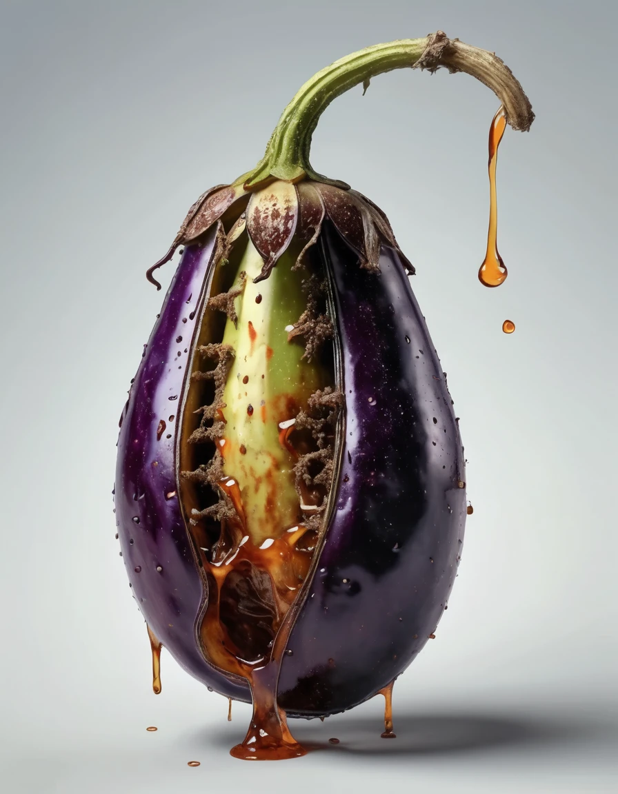 rotten eggplant, decaying fruit, twisted stem, brown spots, overripe peel, mushy texture, dripping juice, oozing decay, cell shaded adult animation, vibrant colors, complementary tones, striking contrast, (best quality,4k,8k,highres,masterpiece:1.2),ultra-detailed ( a dry, cracked stem and any other signs of decomposition), painting, grotesque
