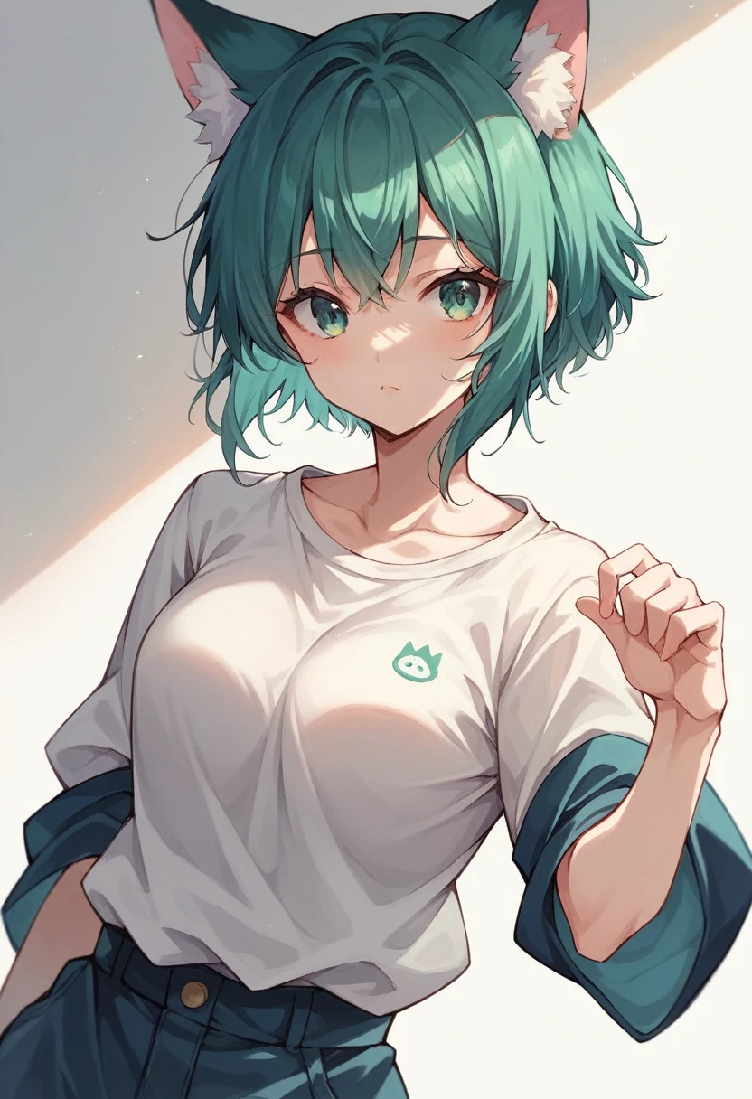 a closeup of a cartoon character with fox ears, fox girl, mikudayo, anime moe art style, Cat Mimi, short hair, anime girl with teal hair, pose cool