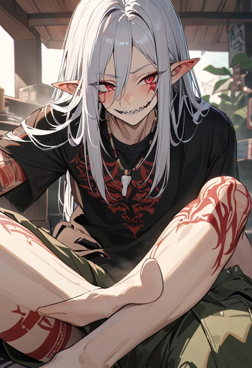 boy, white hair, long straight hair, red eyes, wild smile, sharp teeth, pointed ears, fair skin, black shirt, green cargo pants, red tribal tattoos, facial red tattoo, bone necklace., high quality, high details, 4K, anatomically correct