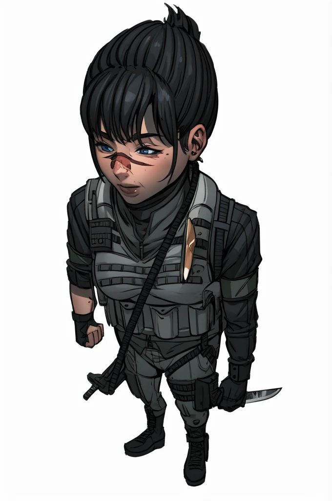 a cartoon drawing of a woman with a knife and a backpack, girl, blue eyes, wounds, wounded, thicc, cassandra cain, digitally colored, rukis. comic book style, female lead character, an edgy assassin, epic comic book style, ( ( character concept art ) ), katana zero video game character, highly detailed exquisite fanart, detailed character art, official character art, character art closeup