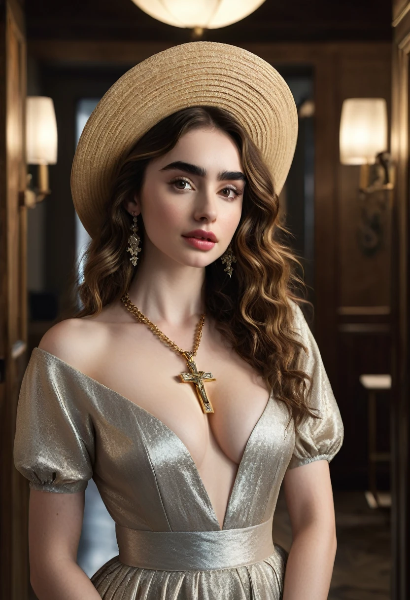 A beautful  jewish women with a thick bushy unibrow and a large bulbous nose. Thick, intense, curly, frizzy, long brown hair. Hair that clogs a drain after one shower. Merge of Sabrina Carpenter, Lily Collins and Lily James Hair you find on pillows and in corners of the room and in your refrigerator six months after the head from which it grew last visited. Hair that could not be straightened even if you had four hours and three hairdressers double-fisting blow driers. Hair that screams: Jew. Traditional jewish dress, luxurious long dress、hat. curvy hourglass figure. Ultra HD, the symmetrical face, photorealistic photography, path tracing, specular lighting, and volumetric face light enhance the details. Epic lighting, striking silhouette. crucifix necklace. The symmetrical face, photorealistic photography, path tracing, specular lighting, and volumetric face light enhance the details. The scene is captured in maximum quality, masterpiece, 8K high resolution, and top quality.
