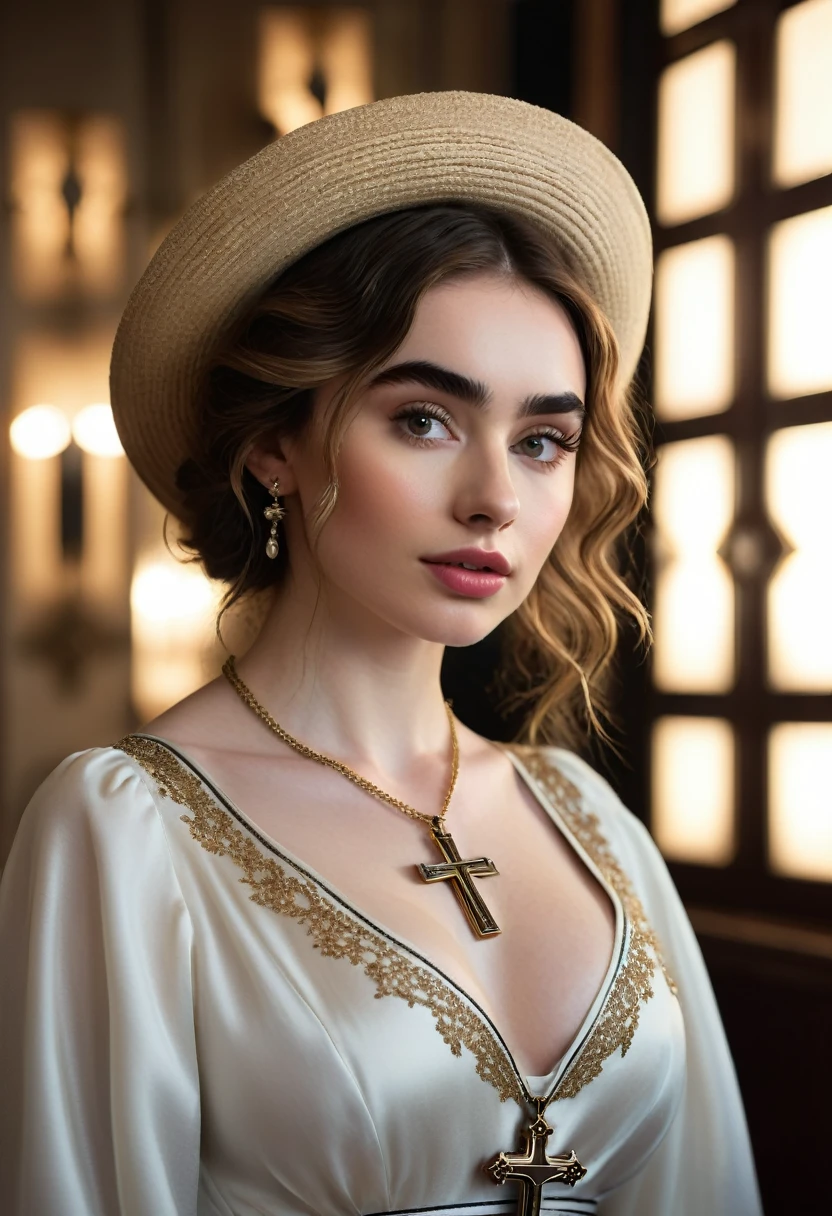 A beautful jewish women with a thick bushy unibrow and a large bulbous nose. Thick, intense, curly, frizzy, long brown hair. Hair that clogs a drain after one shower. Merge of Sabrina Carpenter, Lily Collins and Lily James Hair you find on pillows and in corners of the room and in your refrigerator six months after the head from which it grew last visited. Hair that could not be straightened even if you had four hours and three hairdressers double-fisting blow driers. Hair that screams: Jew. Traditional jewish dress, luxurious long dress、hat. curvy hourglass figure. Ultra HD, the symmetrical face, photorealistic photography, path tracing, specular lighting, and volumetric face light enhance the details. Epic lighting, striking silhouette. crucifix necklace. The symmetrical face, photorealistic photography, path tracing, specular lighting, and volumetric face light enhance the details. The scene is captured in maximum quality, masterpiece, 8K high resolution, and top quality.