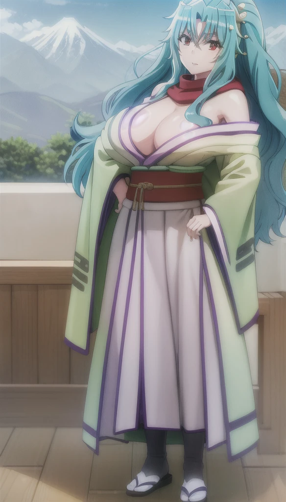 photorealistic, (4k), depth of field, (Masterpiece), (realistic skin texture), extremely detailed, intricate, hyper detailed, high resolution, professional photography, bokeh, sharp detail, best quality, woman,  (green kimono), long hair, aqua hair, ponytail, red eyes, red scarf, large breasts, standing with hands on hips , mountain path, snowing, snow, japanese style, japanese village,