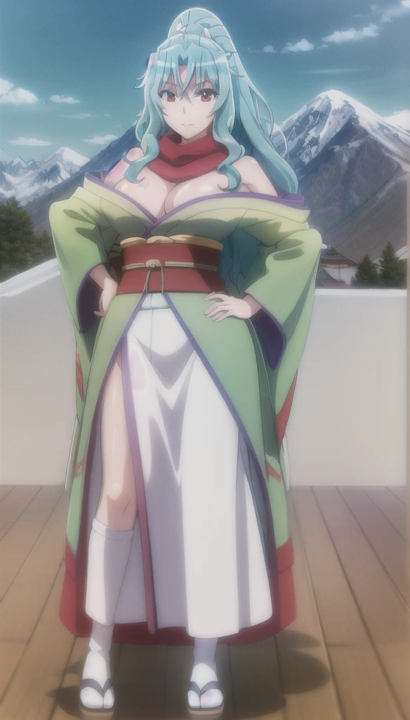 photorealistic, (4k), depth of field, (Masterpiece), (realistic skin texture), extremely detailed, intricate, hyper detailed, high resolution, professional photography, bokeh, sharp detail, best quality, woman, (green kimono), long hair, aqua hair, ponytail, red eyes, red scarf, large breasts, standing with hands on hips , mountain path, snowing, snow, japanese style, japanese village,