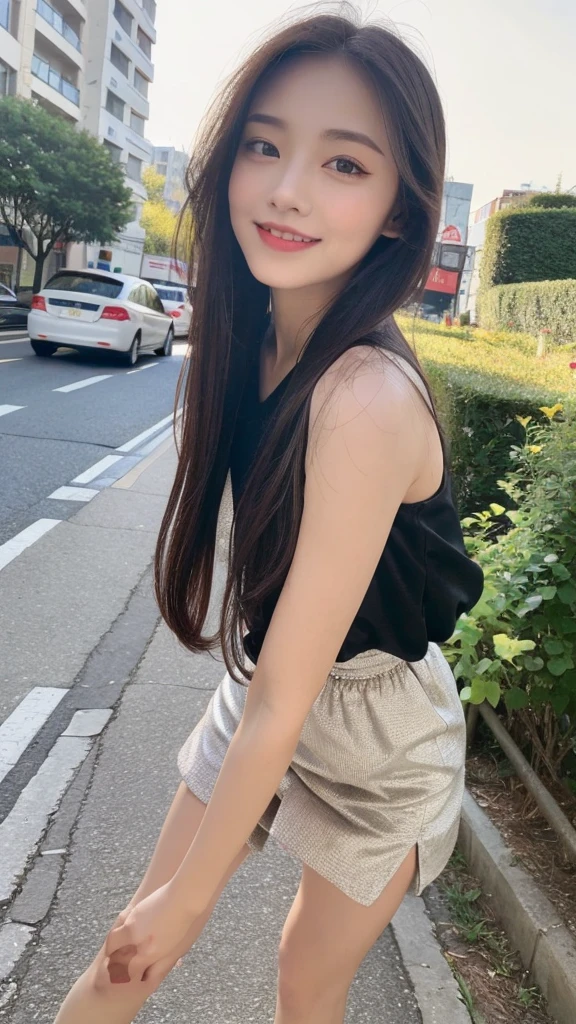 (top quality, 8K, masterpiece:1.3)), A pretty maiden,pure,oval face,Gentle and cute,sweet smile,pure,thin body,(Street),looking directly into the camera,inner strength, formal,Black silky long, layered long hair,Long hair spread over shoulders,big deal, round, black eyes,clear big eyes,Hydrated red lips,Sweet,stand, Photographed in the city, Full body photo,