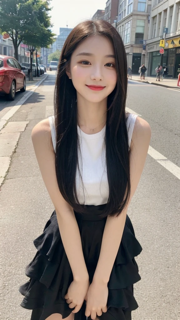 (top quality, 8K, masterpiece:1.3)), A pretty maiden，pure，oval face，Gentle and cute，sweet smile，pure，thin body，(Street)，looking directly into the camera，inner strength, formal，Black silky long, layered long hair，Long hair spread over shoulders，big deal, round, black eyes，clear big eyes，Hydrated red lips，Sweet，stand, Photographed in the city, Full body photo,