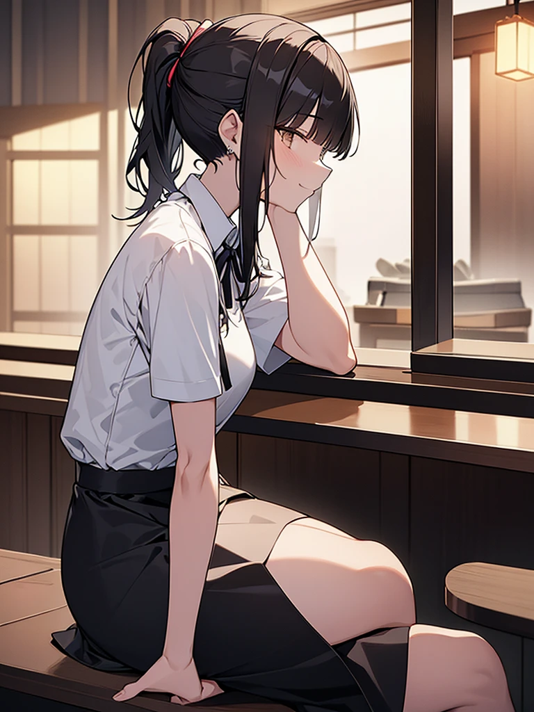 Confused tall woman:1.9 Side view composition Izakaya at night Sitting on a chair White collared shirt short sleeves Black skirt Smiling Talking Black short hair Ponytail:1.9 Straight hair Hair tie Sweep bangs to the side:1.9. Slanted eyes, brown eyes, tall, strong-willed, beautiful