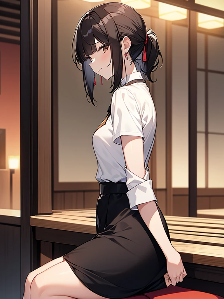 Confused tall woman:1.9 Side view composition Izakaya at night Sitting on a chair White collared shirt short sleeves Black skirt Smiling Talking Black short hair Ponytail:1.9 Straight hair Hair tie Sweep bangs to the side:1.9. Slanted eyes, brown eyes, tall, strong-willed, beautiful