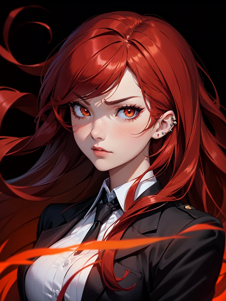 (((Portrait Photo))), She has a Fierce, Determined Appearance of a 17-Year-Old, with a Slim yet Strong Build, Exuding Confidence and Power. Her Long, Flowing Red Hair, Styled in Loose Waves, Cascades Down Her Back, Framing Her Face with Intense Energy. Her Piercing Orange Eyes, Glowing Like Embers, Radiate a Resolute and Commanding Presence. She is Dressed in a Black High-Collared Blazer, Paired with a White Shirt Beneath. Her Expression is Strong and Defiant, with a Light Blush on Her Cheeks, Conveying a Feeling of Warmth. (((High Quality, Dark Background))), (((Portrait Photo)))
