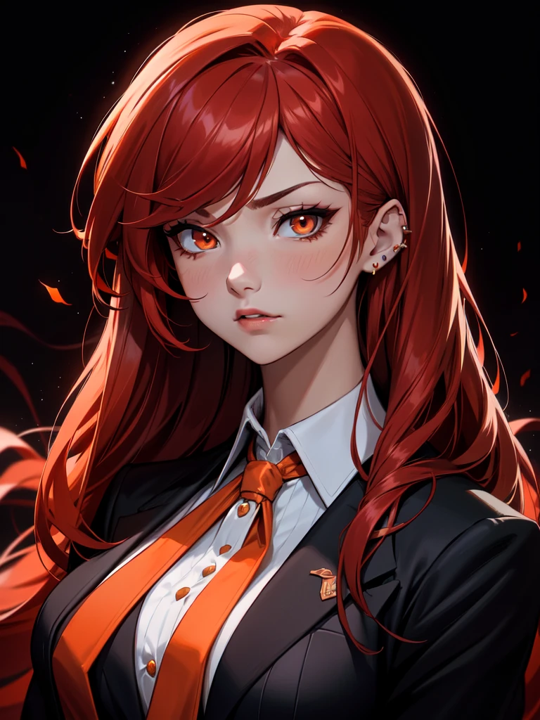 (((Portrait Photo))), She has a Fierce, Determined Appearance of a 17-Year-Old, with a Slim yet Strong Build, Exuding Confidence and Power. Her Long, Flowing Red Hair, Styled in Loose Waves, Cascades Down Her Back, Framing Her Face with Intense Energy. Her Piercing Orange Eyes, Glowing Like Embers, Radiate a Resolute and Commanding Presence. She is Dressed in a Black High-Collared Blazer, Paired with a White Shirt Beneath. Her Expression is Strong and Defiant, with a Light Blush on Her Cheeks, Conveying a Feeling of Warmth. (((High Quality, Dark Background))), (((Portrait Photo)))